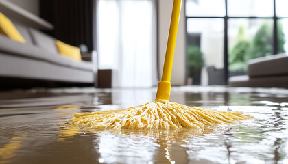 Close up of yellow mop cleaning floor generated.AI