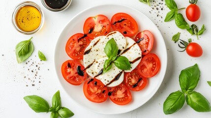 Fresh Salad with Mozzarella and Tomatoes on White Plate