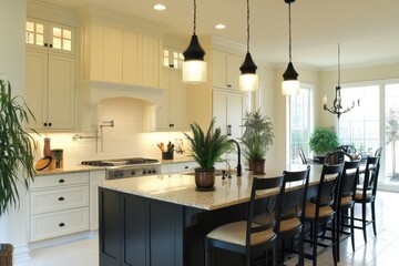 Modern Kitchen Design Featuring a Spacious Central Island and Elegant Lighting with Bright Natural Light and Stylish Furnishings