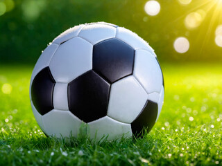 Obraz premium Soccer Ball on Grassy Field with Morning Dew