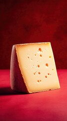 Delicious block of cheese displayed on a vibrant red background, highlighting its texture and distinct holes, perfect for culinary inspiration or cheese lovers