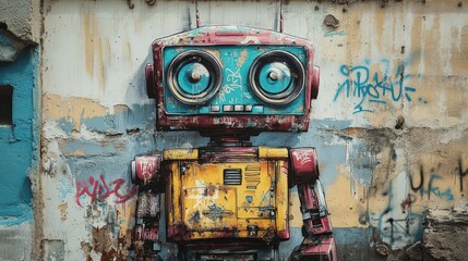 A robot is painted on a wall with graffiti