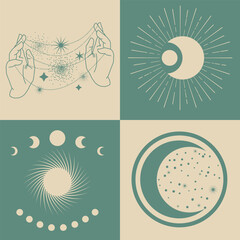 Astrological, esoteric symbols. Sun, stars, planets, moon, crescent