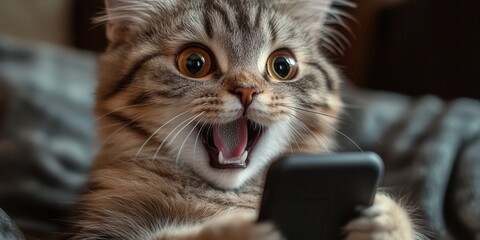 Cute cat excitedly interacts with a smartphone while relaxing on a cozy blanket indoors during a cozy afternoon
