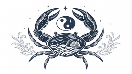 Obraz premium Stylized Crab with Yin-Yang Symbol Amid Flowing Waves and Aquatic Art V1