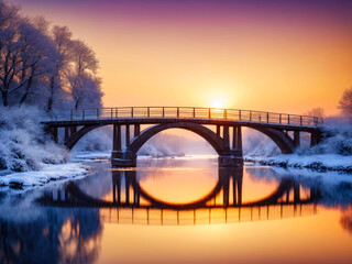 Fototapeta premium Winter Sunrise over Bridge and River.