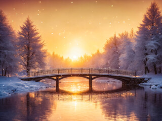 Winter Sunset over Bridge and River