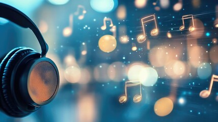 Immersive music experience with headphones and floating musical notes, Musical day