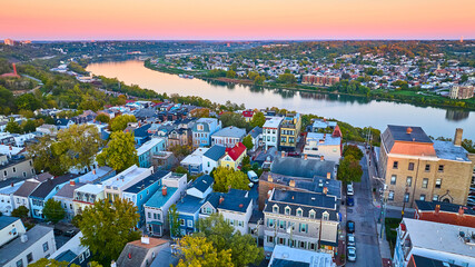 Aerial of Cincinnati at Sunset with River and Historic Homes