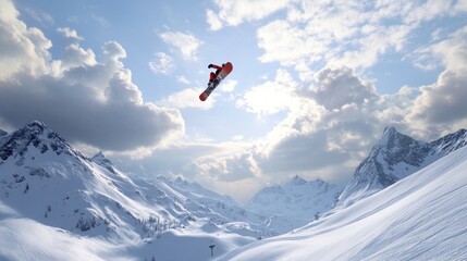 A snowboarder performs a jump in a snowy mountain landscape under a dramatic sky.