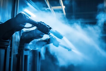 Fototapeta premium Robotic Arms Spraying Paint in Modern Automotive Manufacturing Facility with Mist and Blue Lighting for Innovative Car Body Finishing Process