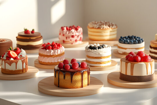 A variety of delicious cakes on display in a bakery. A display case full of cakes and pastries