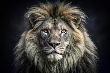Fototapeta premium Majestic Black and White Lion in Low Light, Dark Wildlife Photography, Powerful Night Animal Portrait