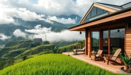 Obraz premium beautiful modern house in the mountains with terraces overlooking rice fields