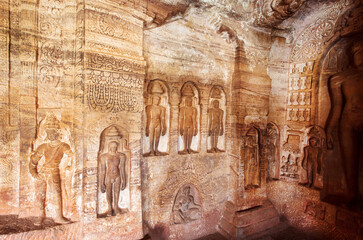 Indian rock-cut architecture. Abandoned temple with carved walli, India