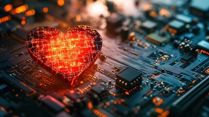 Heart made from interconnected circuitry on a motherboard, representing cyber romance and connectivity
