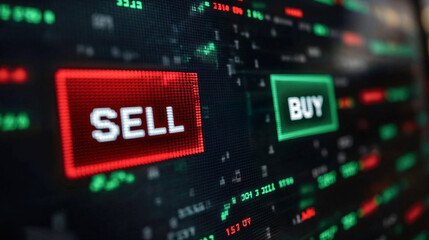 Fototapeta premium A screen with two pixelated buttons, one that says sell and one that says buy. The buttons are red and green. Finance and stocks concept