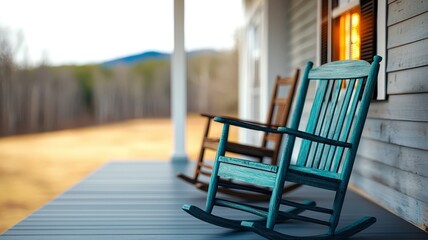 A serene porch scene featuring colorful rocking chairs, inviting relaxation amidst a picturesque landscape.