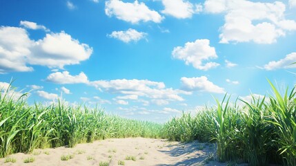 Obraz premium Vibrant green grass on a sunny day under a blue sky with fluffy white clouds, creating a serene outdoor atmosphere.