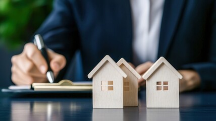 A lawyer writes notes with miniature wooden houses representing real estate investing and property management.