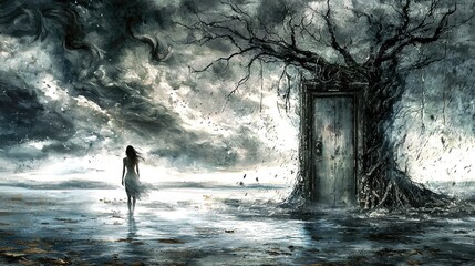 Fototapeta premium A mystical young woman stands before a door in a tree, surrounded by clouds and surreal landscapes.