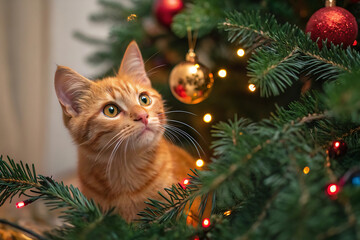 Portrait of a curious ginger cat surrounded by Christmas tree branches with New Year's toys