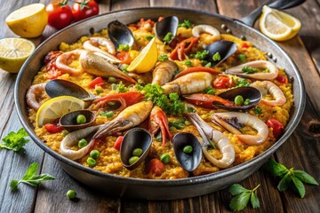 Picture of a seafood paella photo food, flyer and wall art, menu 