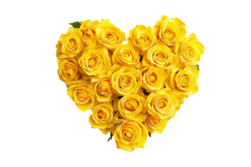 Heart made of yellow roses isolated on transparent or white background, valentine's day or wedding flowers love wreath, png