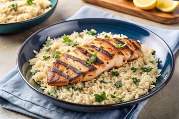 dish perfectly grilled chicken, of fragrant, flavorful rice, wall art print flyer and menu photo food