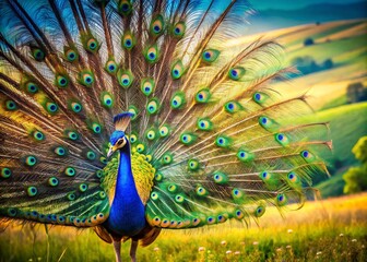 Obraz premium Majestic Peacock Mating Display: Stunning Male Peacock Landscape Photography