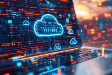 Fototapeta premium A digital artwork showcasing the concept of cloud computing, with icons and symbols representing data storage in an online environment on top of a laptop screen Generative AI