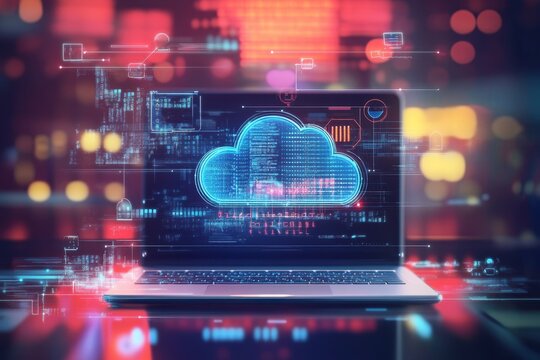 A digital artwork showcasing the concept of cloud computing, with icons and symbols representing data storage in an online environment on top of a laptop screen Generative AI