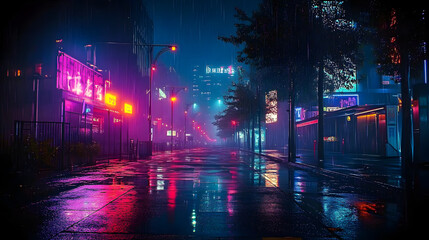 Obraz premium Cyberpunk streets illustration, futuristic city, dystoptic artwork at night, 4k wallpaper. Rain foggy, moody empty future