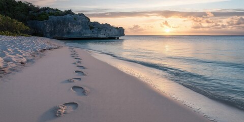 Footprints trail across a serene, sandy beach at sunrise, leading into the tranquil ocean horizon.
