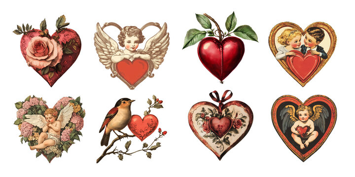 Collection set of vintage style hearts, love and Valentine's day illustrations isolated on transparent background, png file
