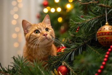 Portrait of a curious ginger cat surrounded by Christmas tree branches with New Year's toys