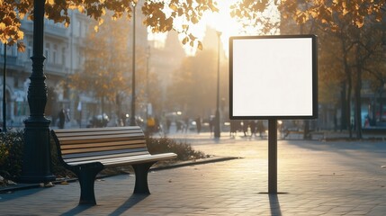 Urban park scene with blank billboard and wooden bench in autumn morning light, mockup concept