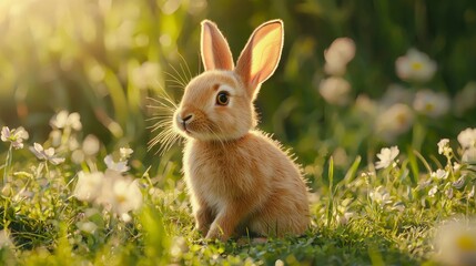 A cute rabbit sits in a sunny meadow surrounded by vibrant flowers, capturing the beauty of nature and springtime serenity.
