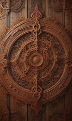 Colorful and intricate patterns on a wooden background, artistic finishes, carved wood, interior design elements, wooden textures
