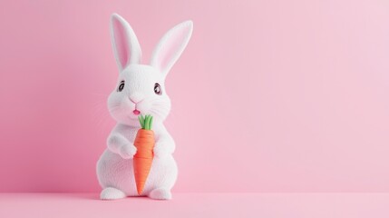 Obraz premium A cute white rabbit holding a carrot against a soft pink background, perfect for springtime or Easter-themed designs.
