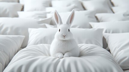 A peaceful white rabbit resting on soft pillows, creating a serene and cozy atmosphere in a bright indoor setting.
