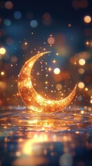 Golden crescent moon reflecting on water with bokeh lights.