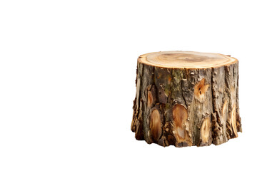 Tree Stump with Visible Growth Rings and Textured Bark Positioned on the Right Side on White Background with Copy Space