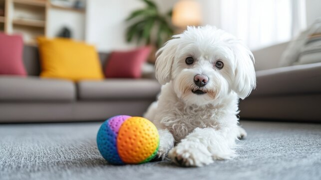 Maltese dog playing with colorful ball in bright living room