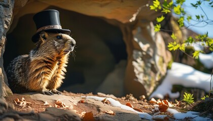 Cheerful groundhog in top hat in sunlit burrow with copy space