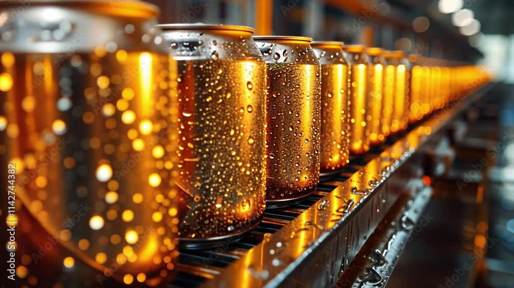 Poster This Cans of soda are being processed on a conveyor belt filled with condensation in a factory setting.