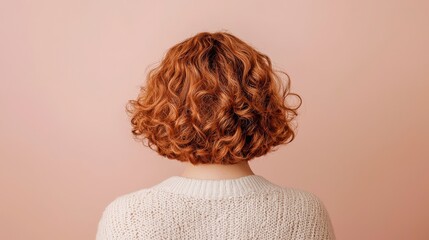 Fototapeta premium A stylish woman with curly hair viewed from the back, showcasing rich hues and a cozy atmosphere in a soft pastel background.
