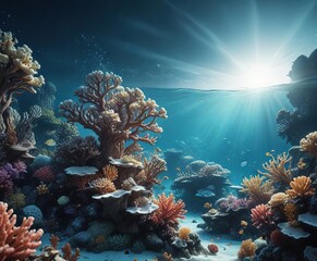 Obraz premium Dreamy underwater scene with a white light glow surrounding coral reefs, coral, glow