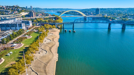 Aerial of Cincinnati Bridges Over Ohio River and Riverside Park