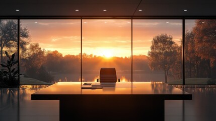 Golden light streams through a large window in a modern apartment, casting a warm glow on the sleek furniture and illuminating a breathtaking sunset over the sparkling city